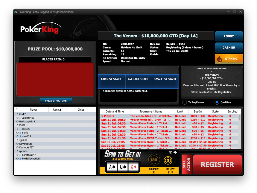 Spin To Get In in The Venom lobby at PokerKing