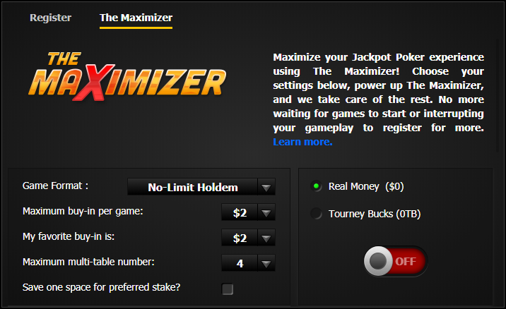 The Maximizer game mode settings at PokerKing