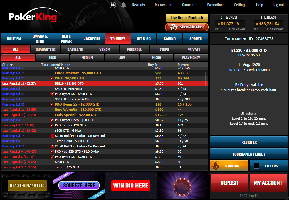 late registration in PokerKing tournaments